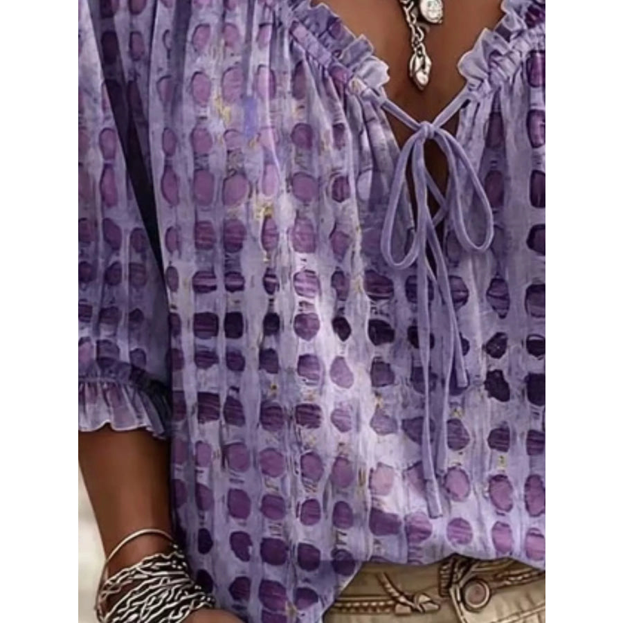 Full Size Tie Neck 3/4 Sleeve Blouse Plus Size Apparel and Accessories