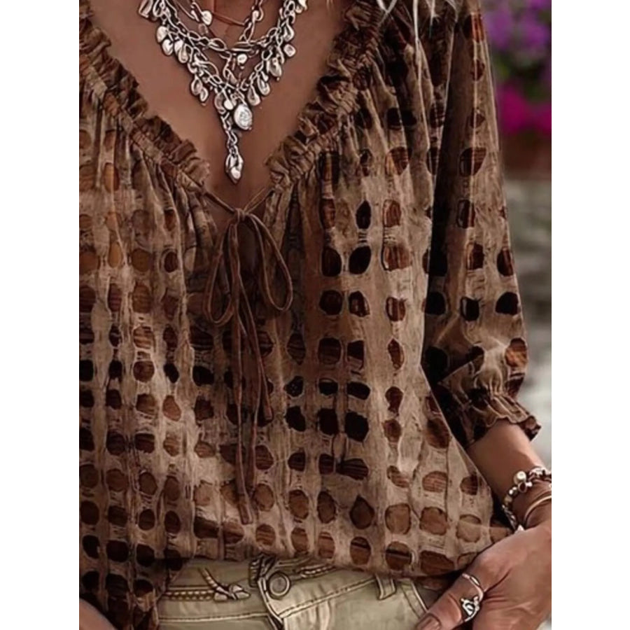 Full Size Tie Neck 3/4 Sleeve Blouse Plus Apparel and Accessories