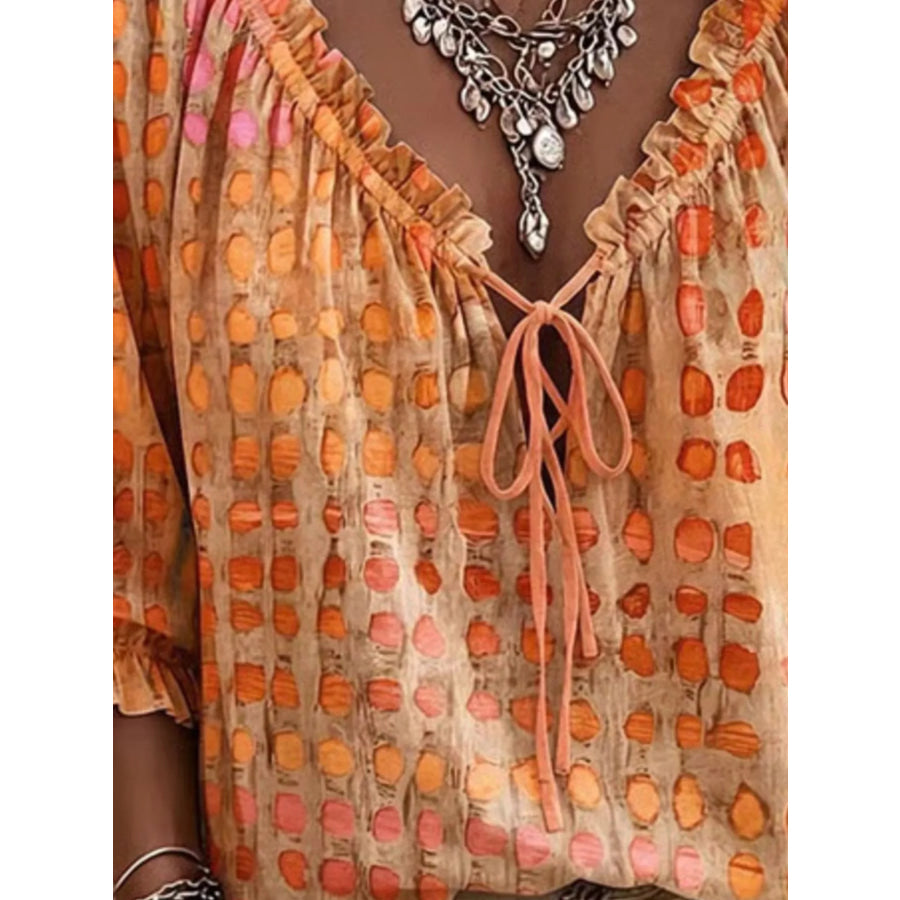 Full Size Tie Neck 3/4 Sleeve Blouse Plus Size Apparel and Accessories