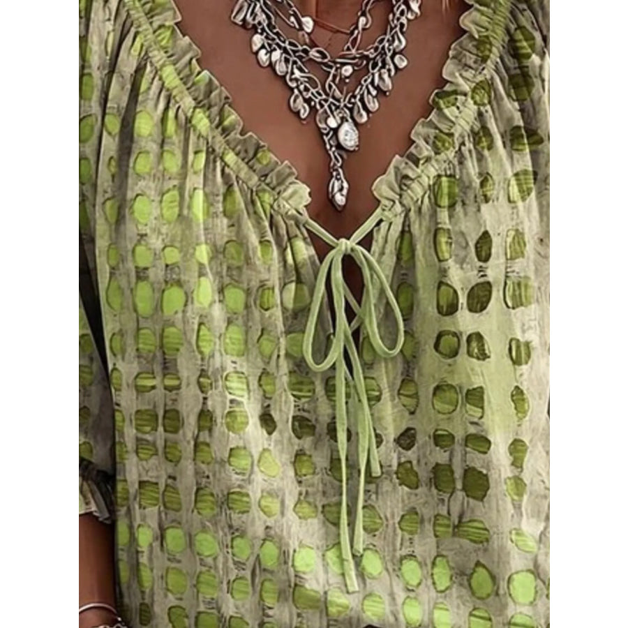 Full Size Tie Neck 3/4 Sleeve Blouse Plus Apparel and Accessories