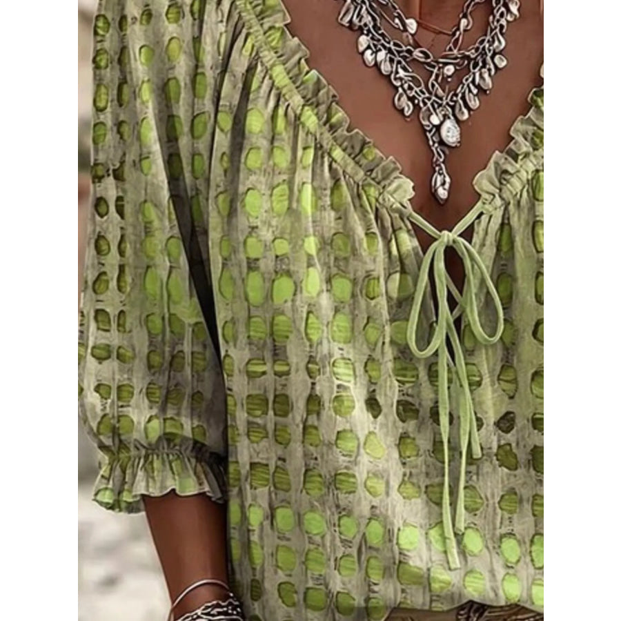 Full Size Tie Neck 3/4 Sleeve Blouse Plus Apparel and Accessories