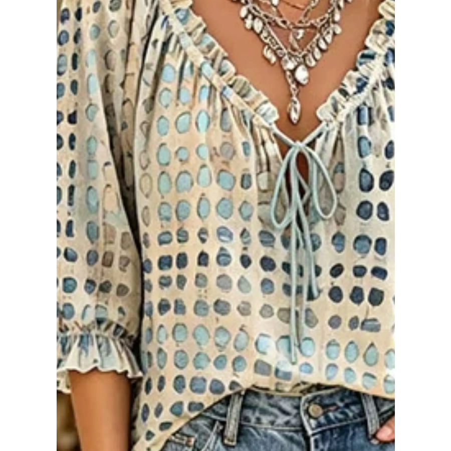 Full Size Tie Neck 3/4 Sleeve Blouse Plus Size Apparel and Accessories