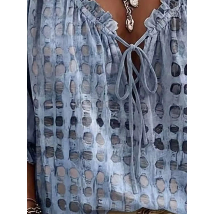 Full Size Tie Neck 3/4 Sleeve Blouse Plus Size Apparel and Accessories