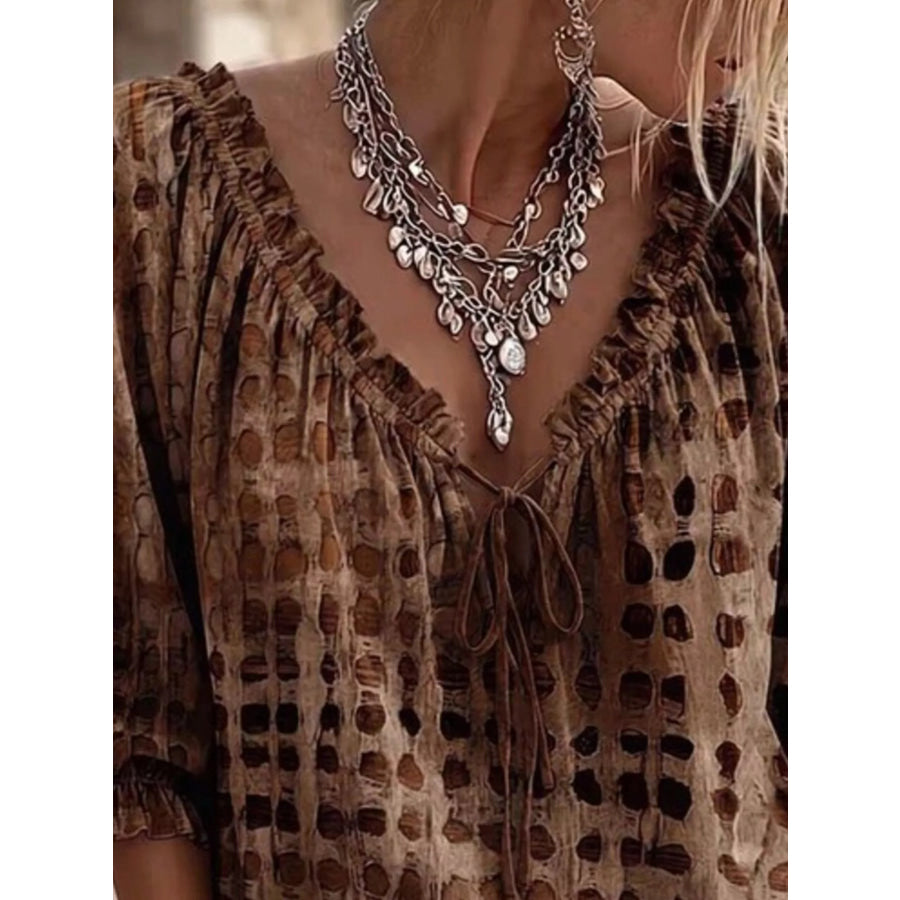 Full Size Tie Neck 3/4 Sleeve Blouse Plus Apparel and Accessories