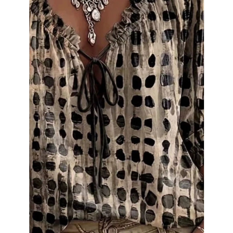 Full Size Tie Neck 3/4 Sleeve Blouse Plus Size Apparel and Accessories
