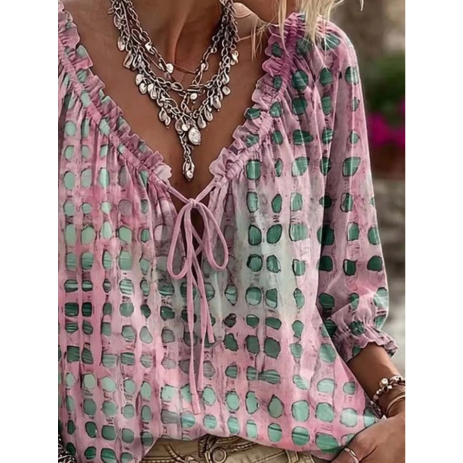Full Size Tie Neck 3/4 Sleeve Blouse Plus Apparel and Accessories