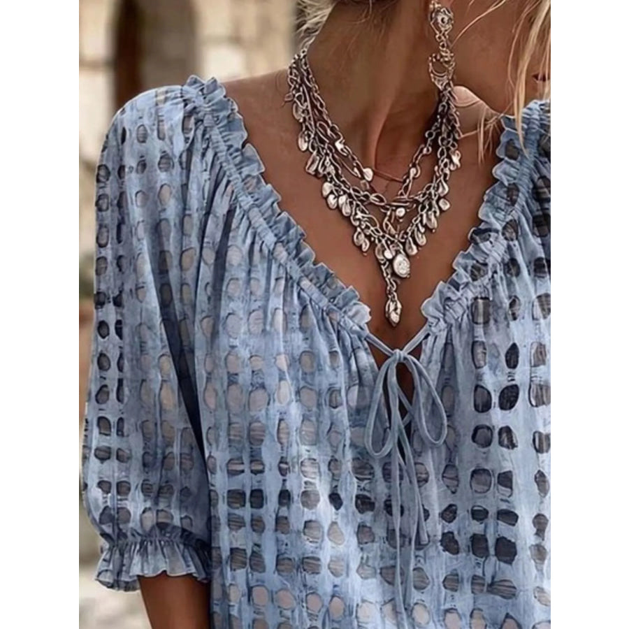 Full Size Tie Neck 3/4 Sleeve Blouse Plus Apparel and Accessories