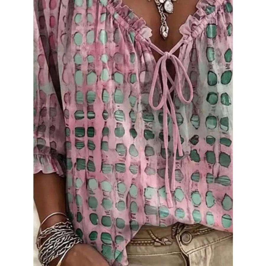 Full Size Tie Neck 3/4 Sleeve Blouse Plus Size Apparel and Accessories