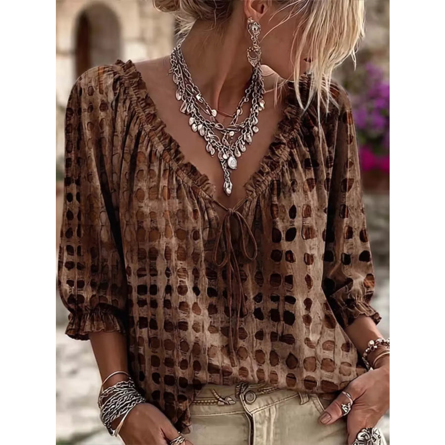 Full Size Tie Neck 3/4 Sleeve Blouse Plus Size Caramel / S Apparel and Accessories