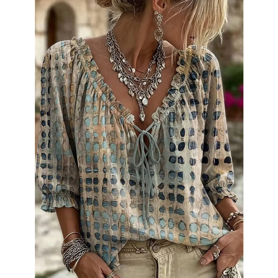 Full Size Tie Neck 3/4 Sleeve Blouse Plus Dust Storm / S Apparel and Accessories
