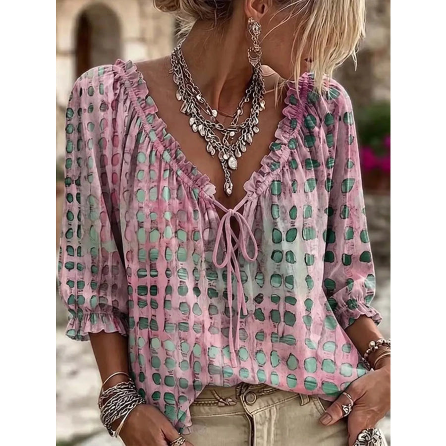 Full Size Tie Neck 3/4 Sleeve Blouse Plus Dusty Pink / S Apparel and Accessories