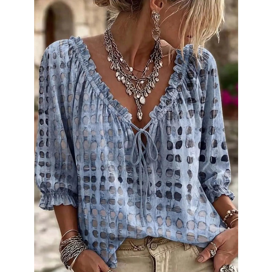 Full Size Tie Neck 3/4 Sleeve Blouse Plus Light Blue / S Apparel and Accessories