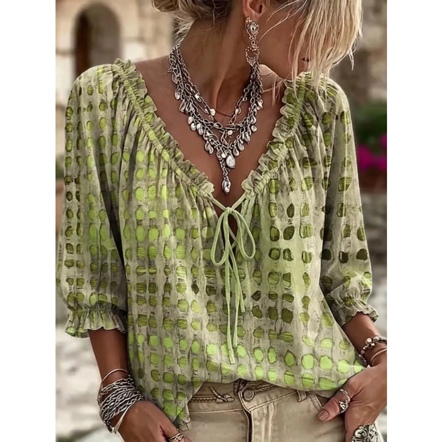 Full Size Tie Neck 3/4 Sleeve Blouse Plus Size Lime / S Apparel and Accessories