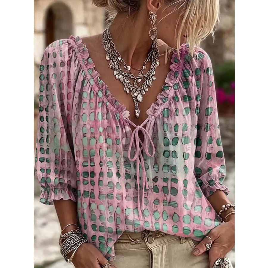 Full Size Tie Neck 3/4 Sleeve Blouse Plus Size Pink / S Apparel and Accessories