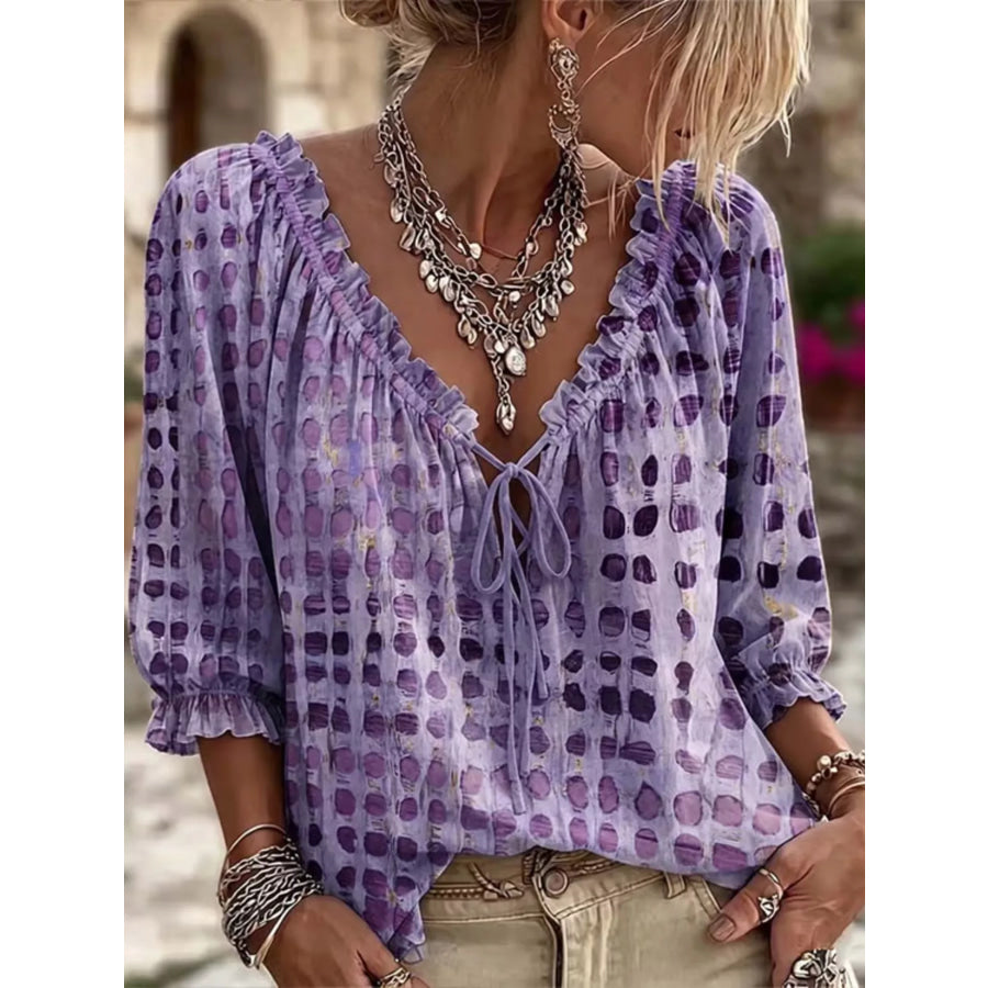 Full Size Tie Neck 3/4 Sleeve Blouse Plus Size Purple / S Apparel and Accessories