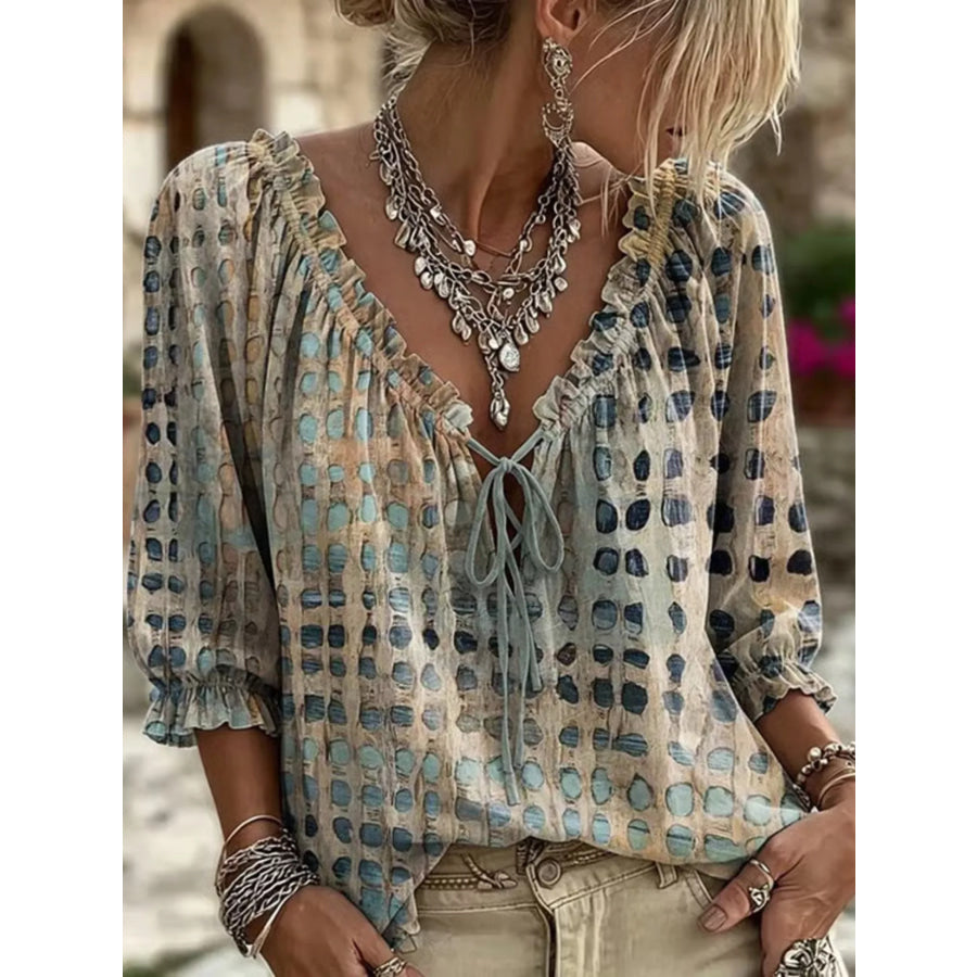 Full Size Tie Neck 3/4 Sleeve Blouse Plus Size Royal Blue / S Apparel and Accessories