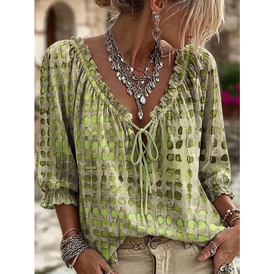 Full Size Tie Neck 3/4 Sleeve Blouse Plus Sage / S Apparel and Accessories