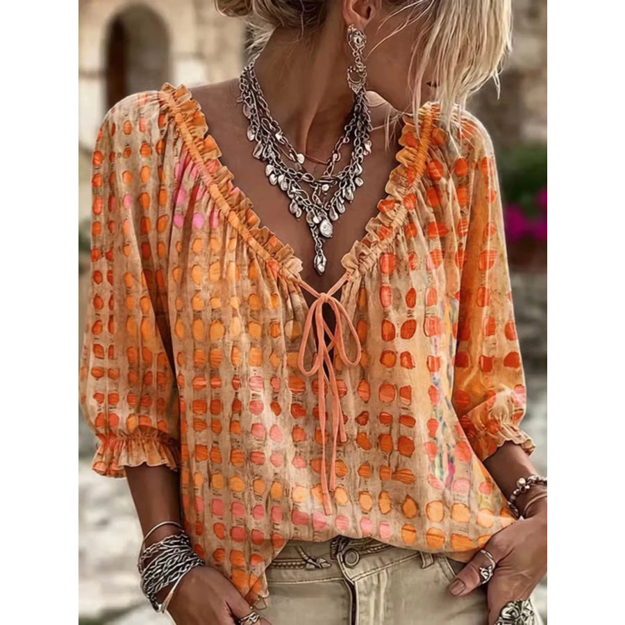 Full Size Tie Neck 3/4 Sleeve Blouse Plus Size Sherbet / S Apparel and Accessories