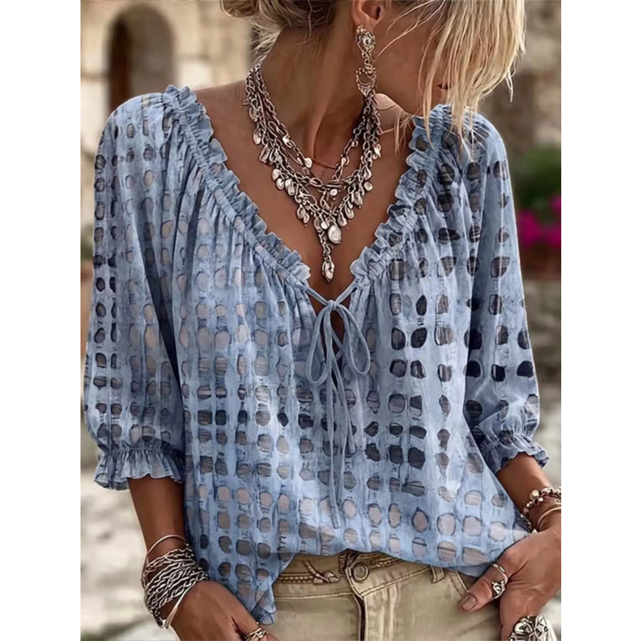 Full Size Tie Neck 3/4 Sleeve Blouse Plus Size Sky Blue / S Apparel and Accessories
