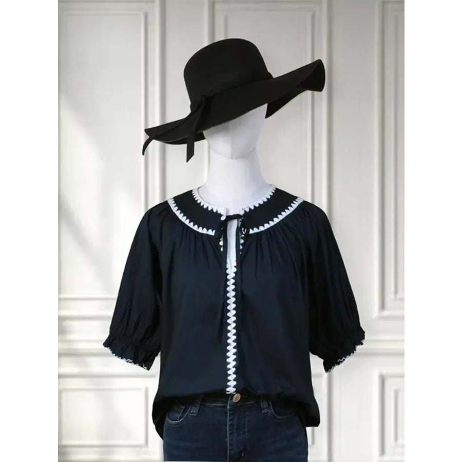 Full Size Tie Neck Short Sleeve Blouse Plus Size Dark Blue / S Apparel and Accessories