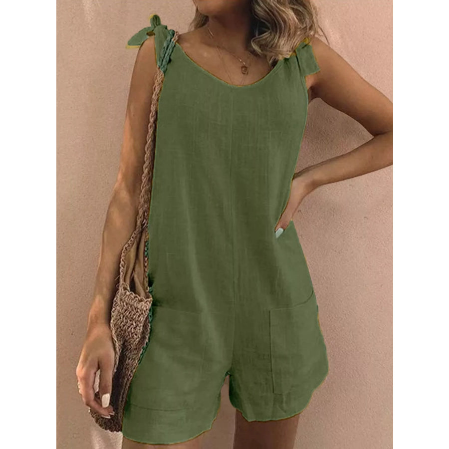 Full Size Tie-Shoulder Romper with Pockets Plus Army Green / S Apparel and Accessories
