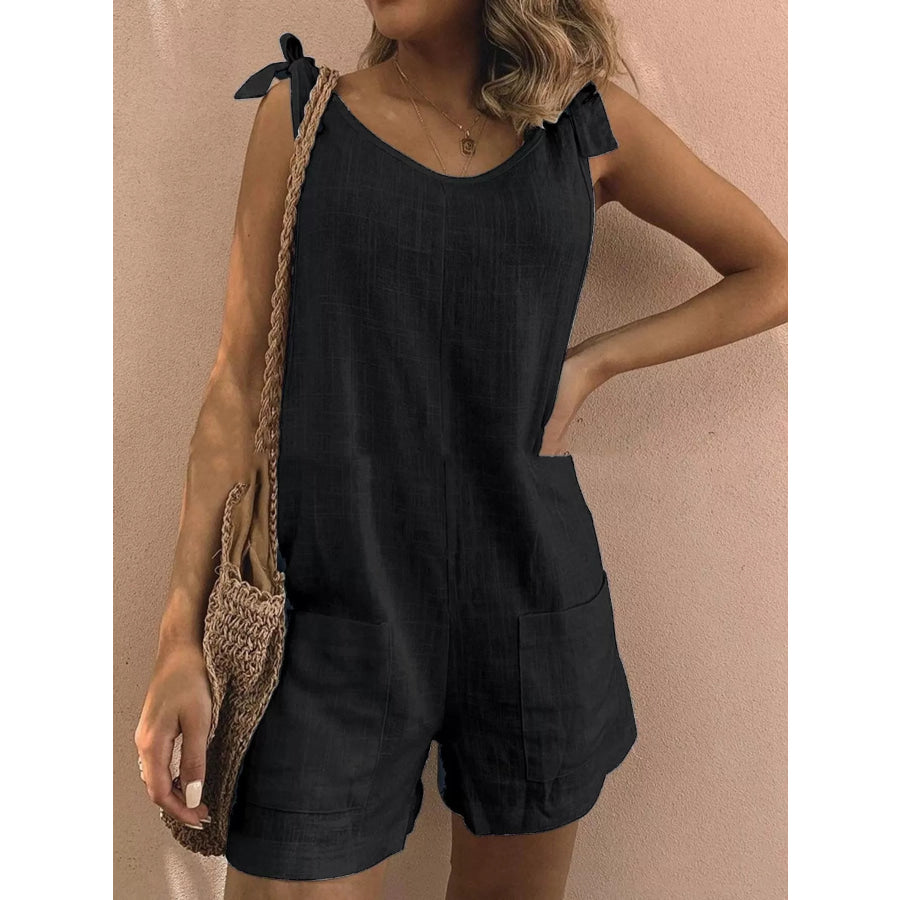 Full Size Tie-Shoulder Romper with Pockets Plus Black / S Apparel and Accessories