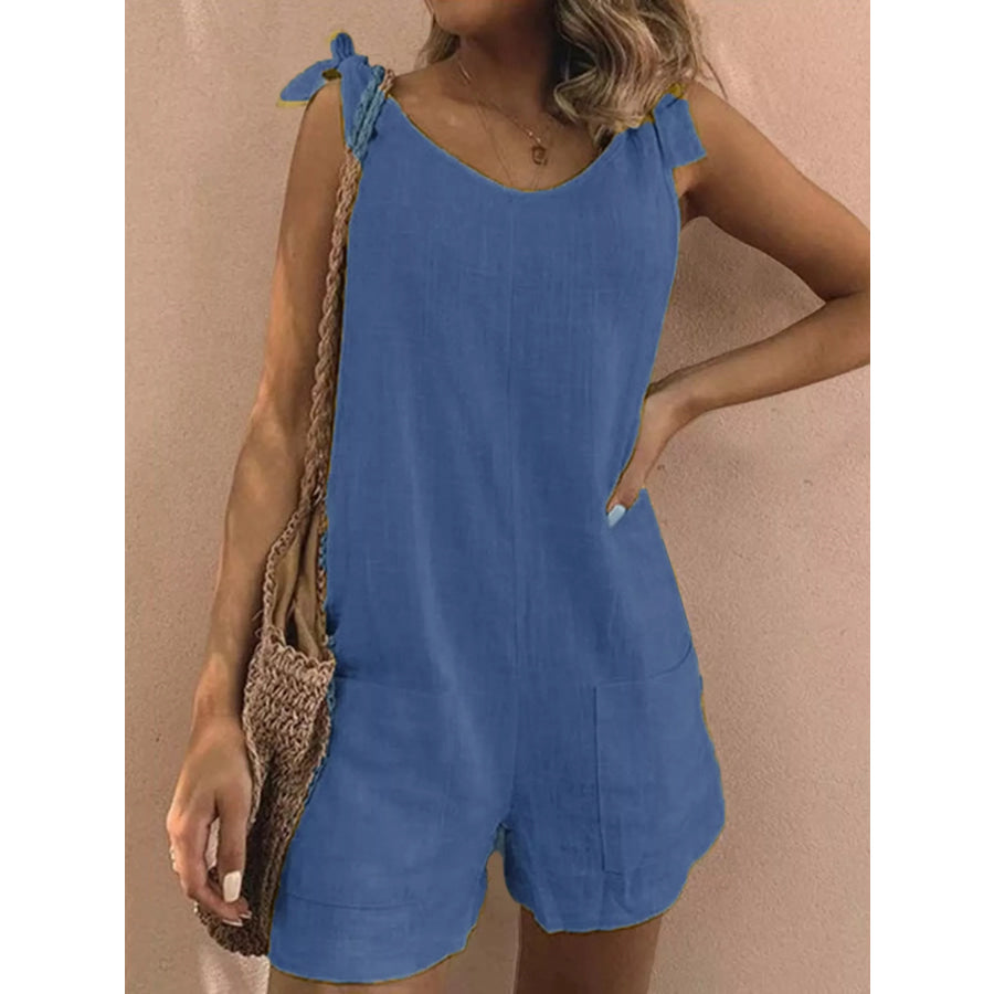 Full Size Tie-Shoulder Romper with Pockets Plus Dark Blue / S Apparel and Accessories