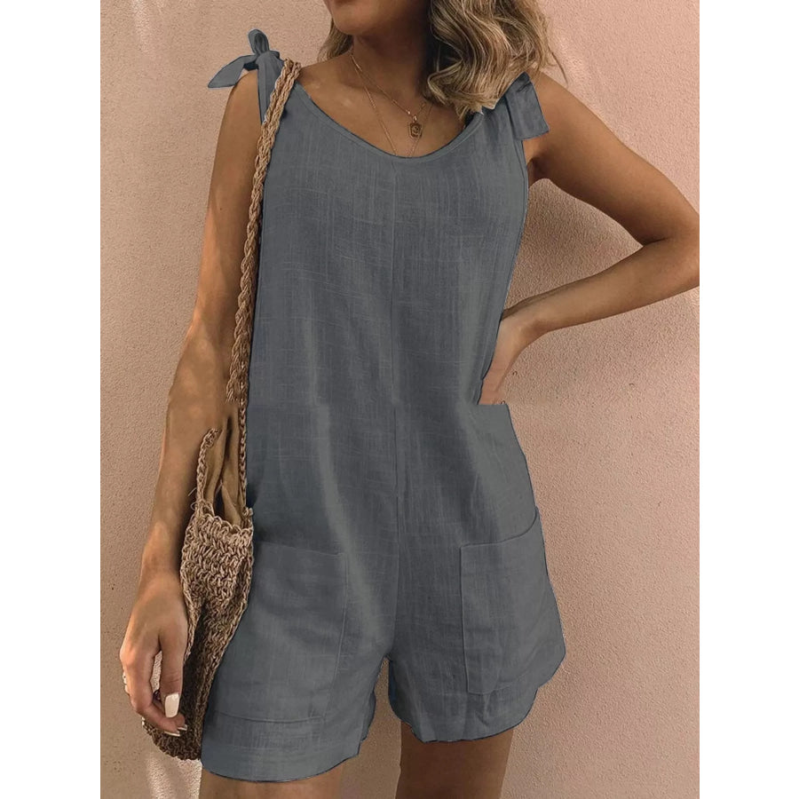 Full Size Tie-Shoulder Romper with Pockets Plus Gray / S Apparel and Accessories