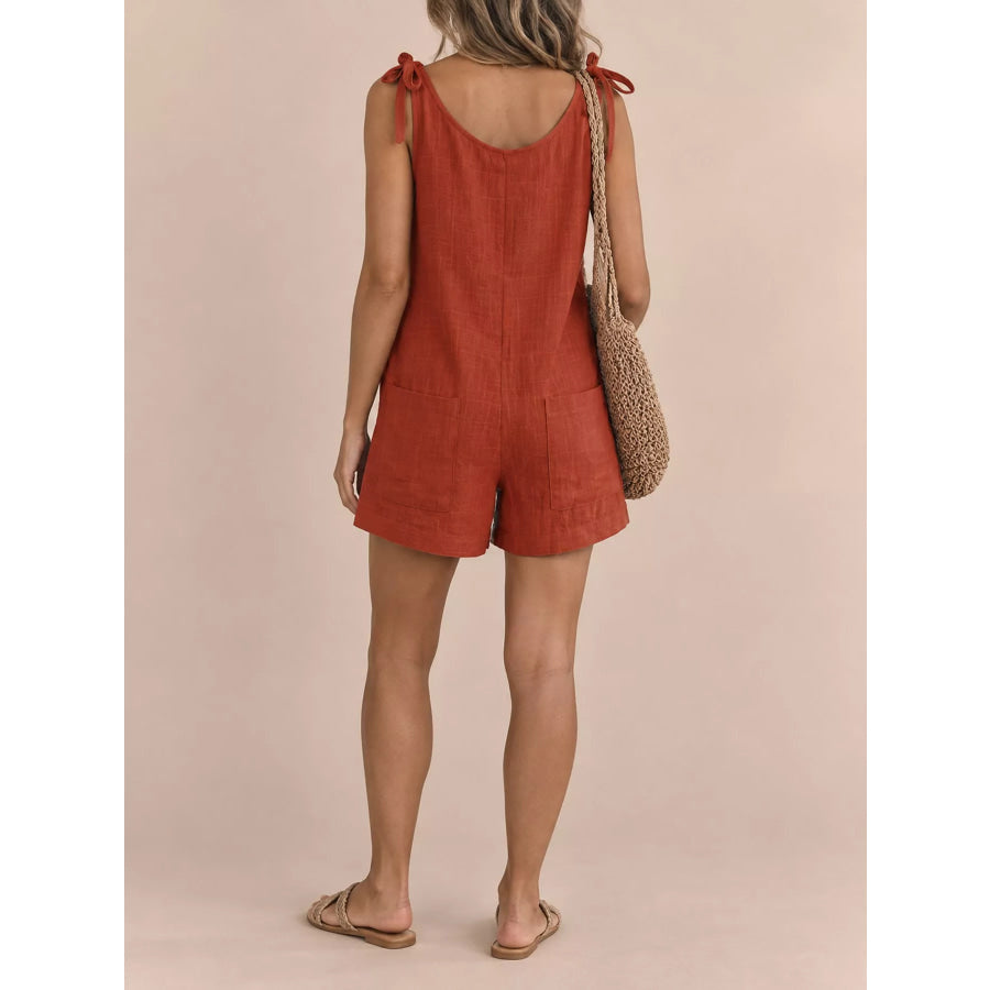 Full Size Tie-Shoulder Romper with Pockets Plus Orange Red / S Apparel and Accessories