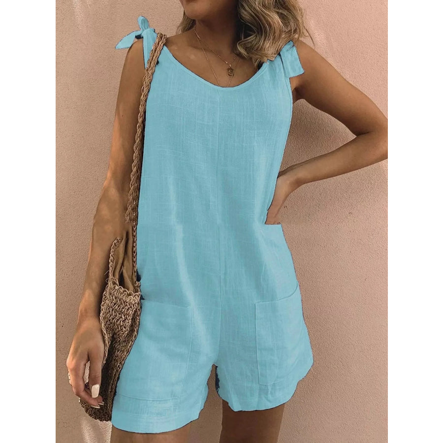 Full Size Tie-Shoulder Romper with Pockets Plus Sky Blue / S Apparel and Accessories