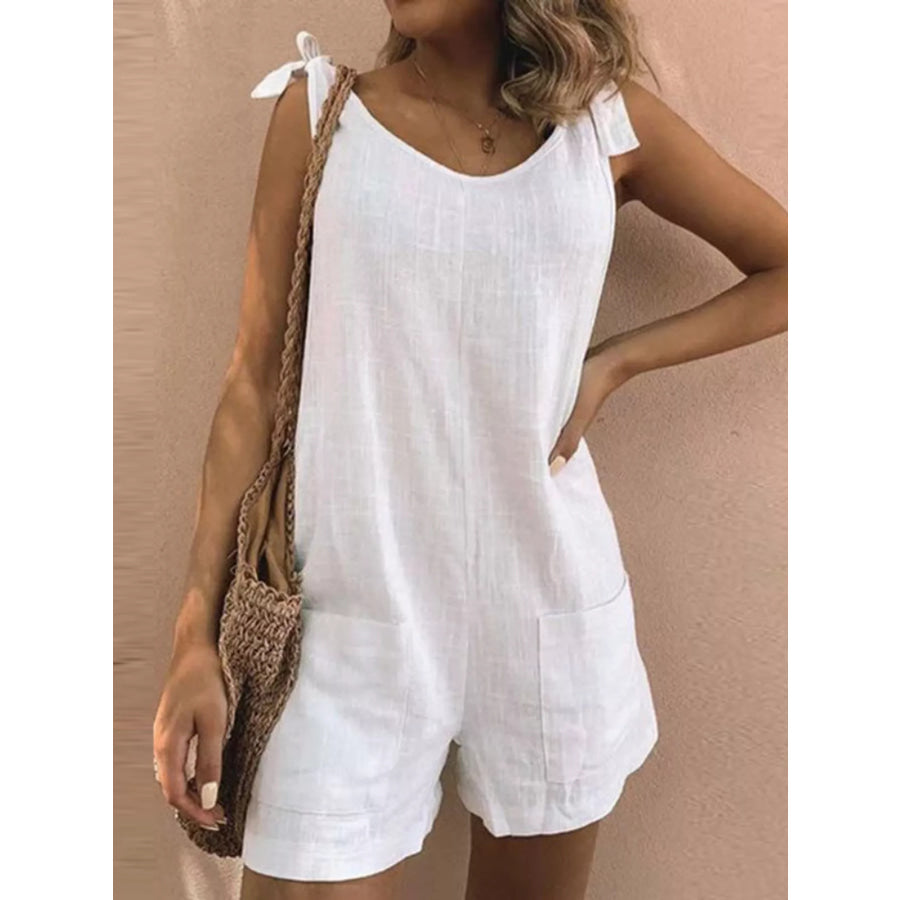 Full Size Tie-Shoulder Romper with Pockets Plus White / S Apparel and Accessories