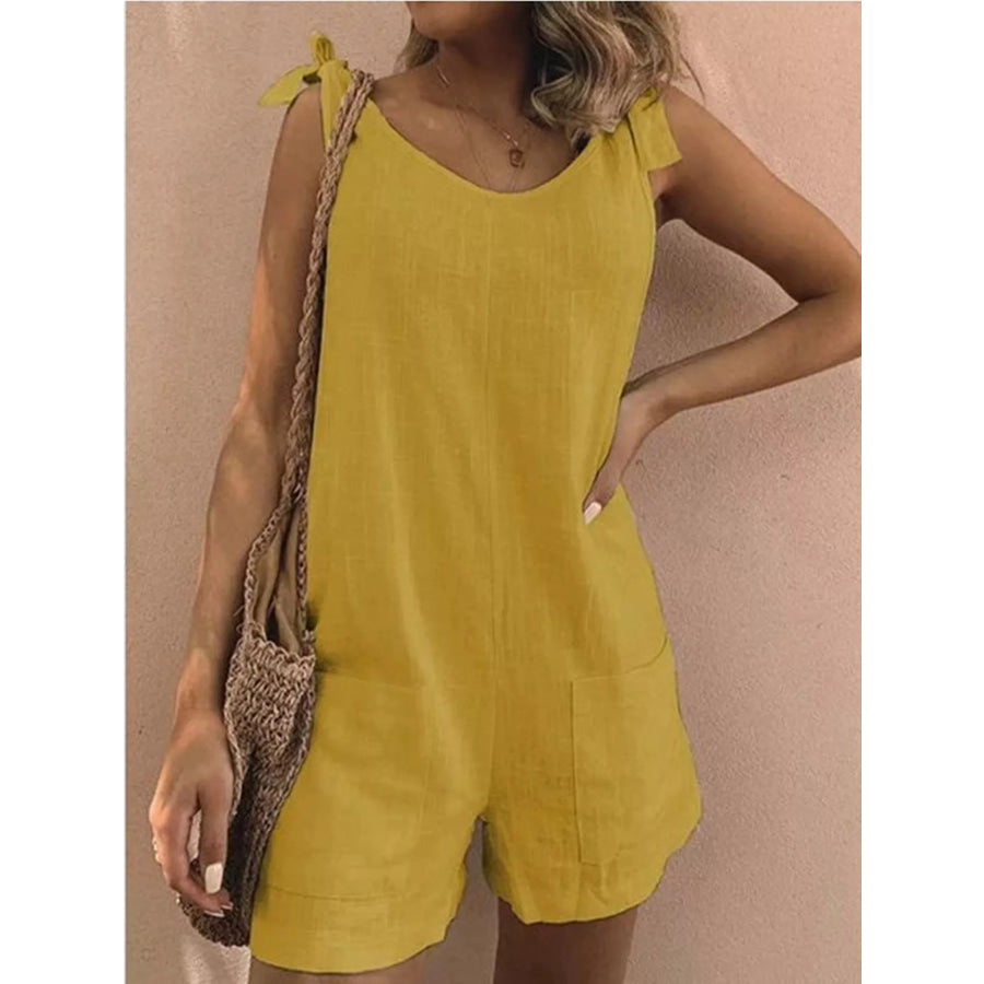 Full Size Tie-Shoulder Romper with Pockets Plus Yellow / S Apparel and Accessories