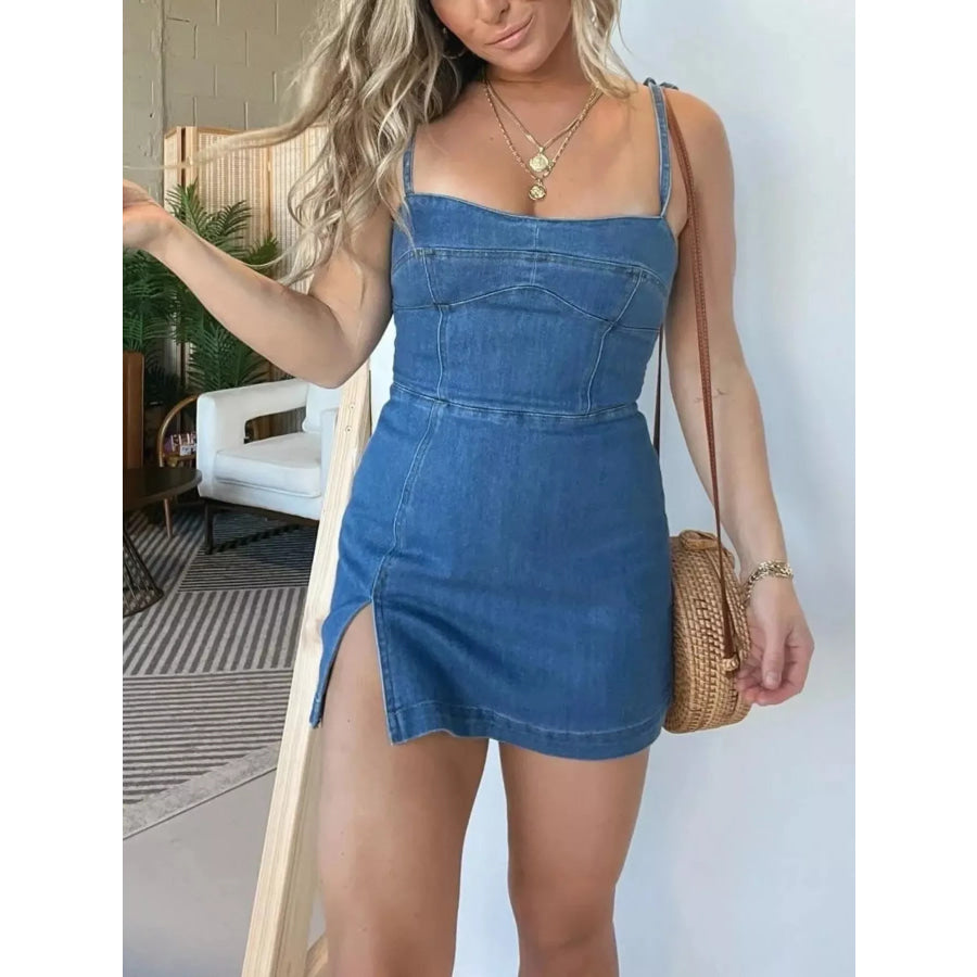 Full Size Tie-Strap Denim Mini Dress Plus Size Apparel and Accessories