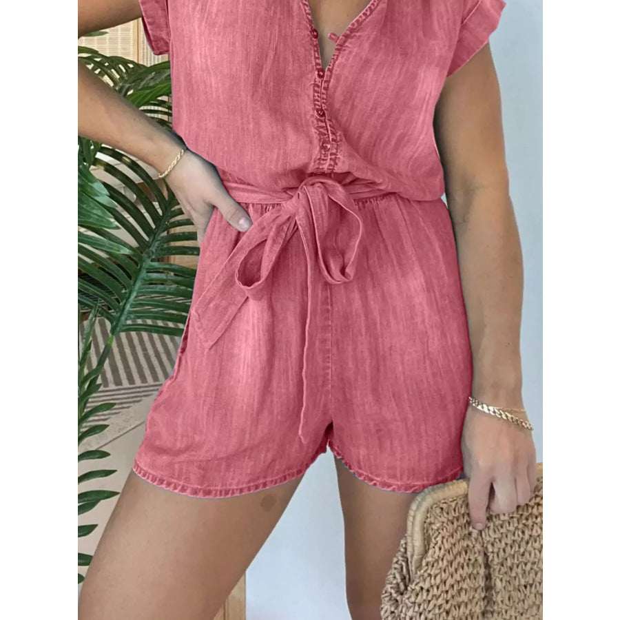 Full Size Tie Waist Cap Sleeve Romper Plus Size Apparel and Accessories