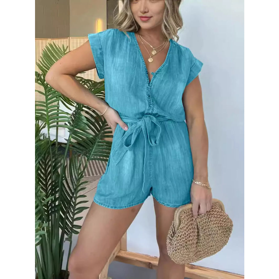 Full Size Tie Waist Cap Sleeve Romper Plus Size Apparel and Accessories