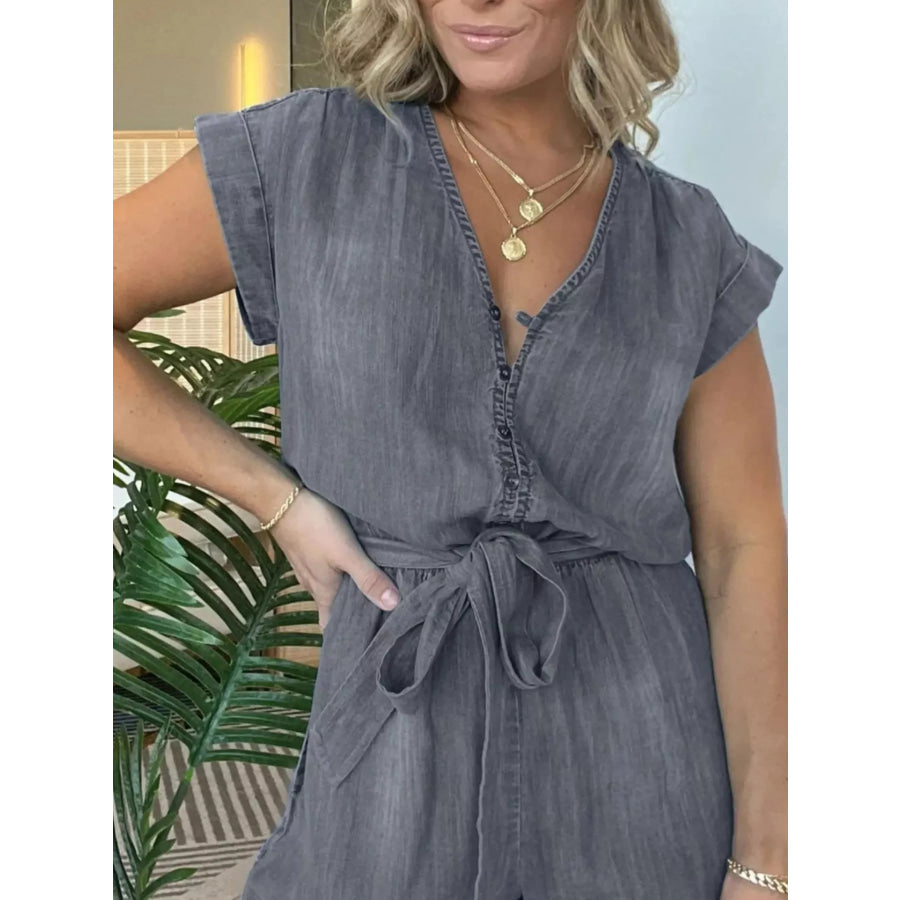Full Size Tie Waist Cap Sleeve Romper Plus Size Apparel and Accessories