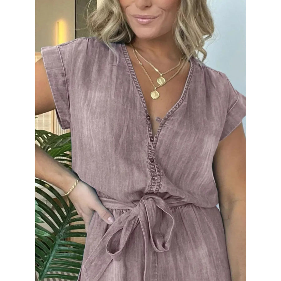 Full Size Tie Waist Cap Sleeve Romper Plus Size Apparel and Accessories