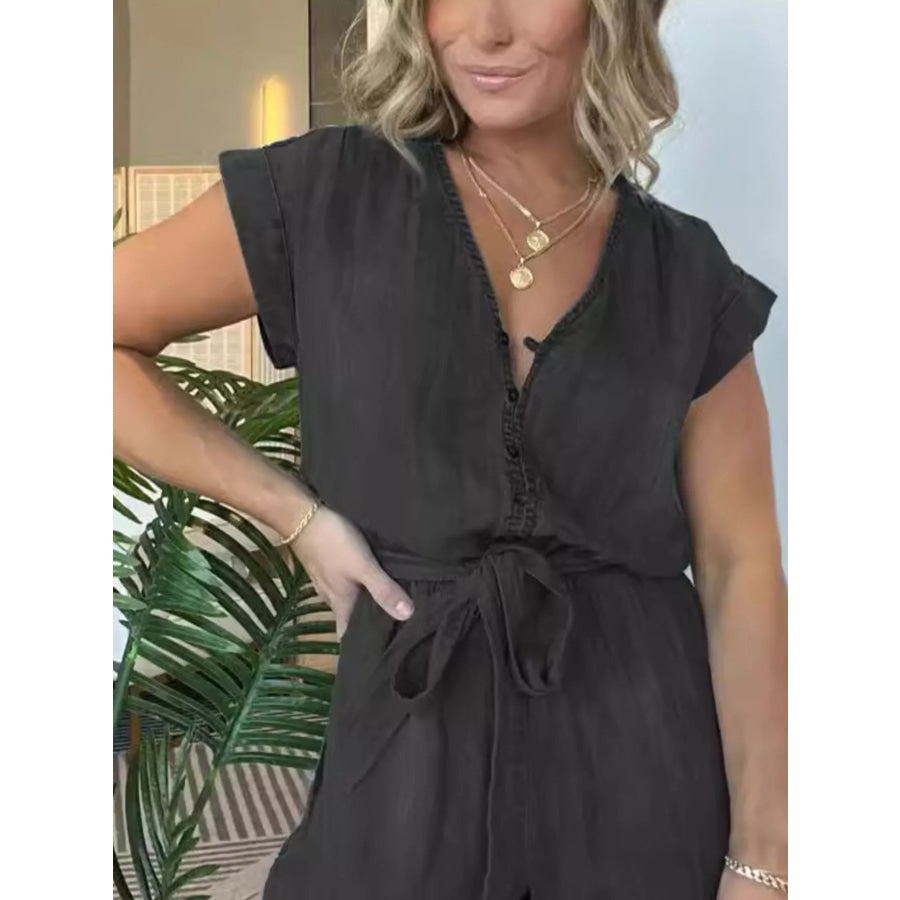 Full Size Tie Waist Cap Sleeve Romper Plus Size Apparel and Accessories