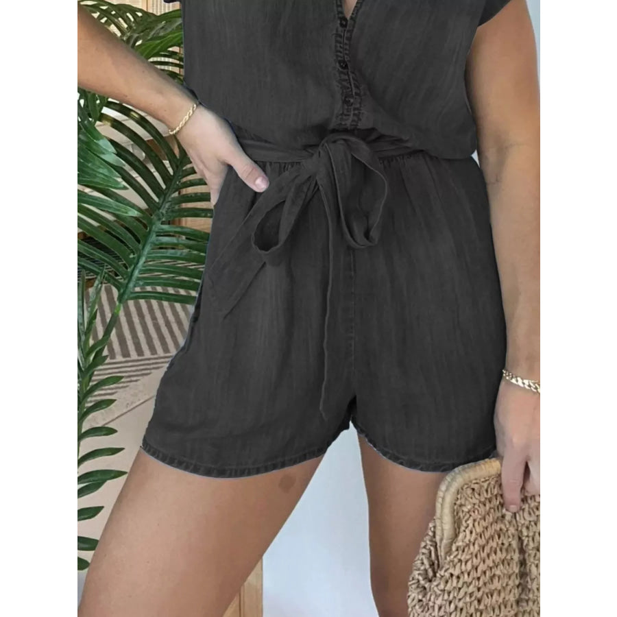 Full Size Tie Waist Cap Sleeve Romper Plus Size Apparel and Accessories