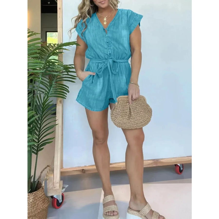 Full Size Tie Waist Cap Sleeve Romper Plus Size Apparel and Accessories
