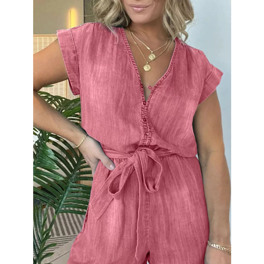 Full Size Tie Waist Cap Sleeve Romper Plus Size Apparel and Accessories