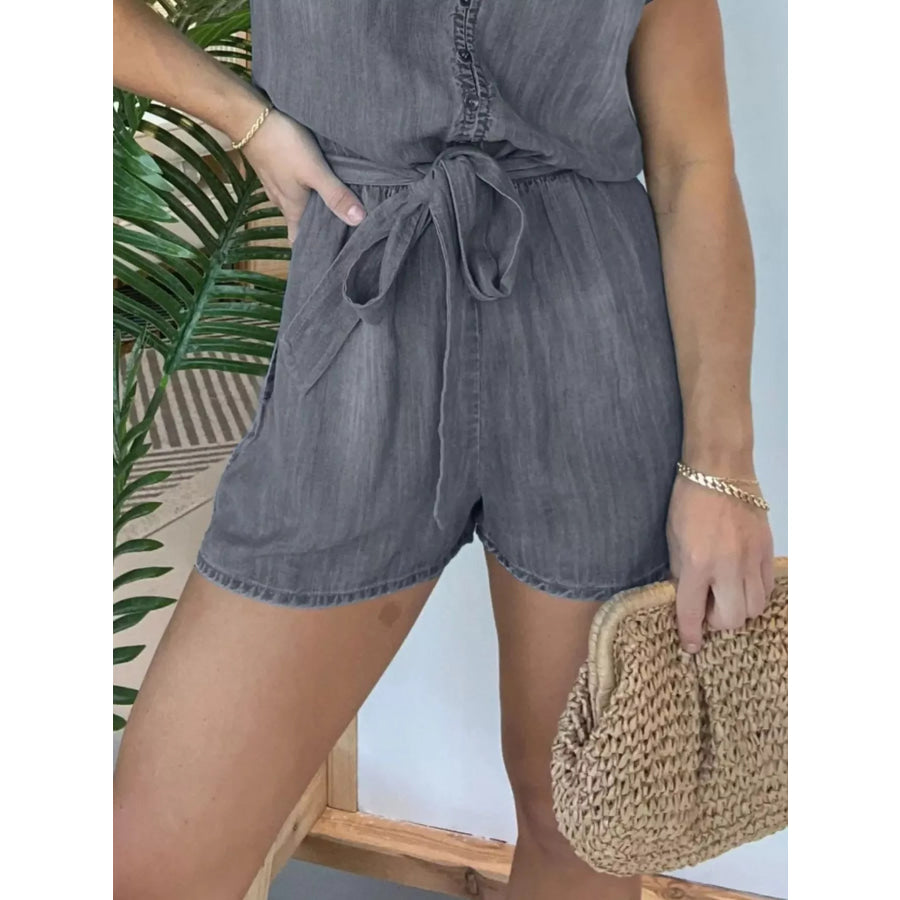 Full Size Tie Waist Cap Sleeve Romper Plus Size Apparel and Accessories