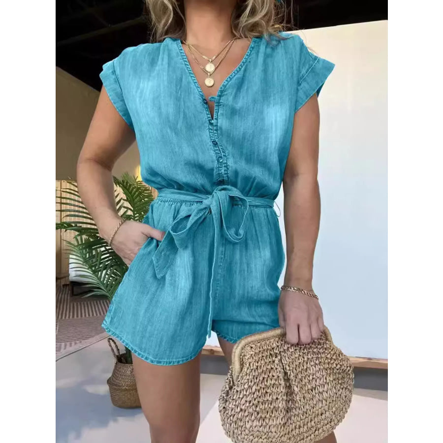 Full Size Tie Waist Cap Sleeve Romper Plus Size Blue / S Apparel and Accessories