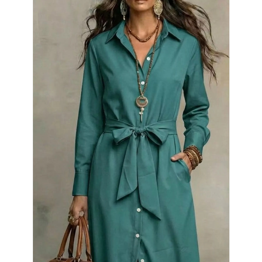 Full Size Tie Waist Long Sleeve Shirt Dress Plus Size Apparel and Accessories