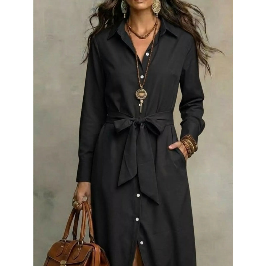 Full Size Tie Waist Long Sleeve Shirt Dress Plus Size Apparel and Accessories