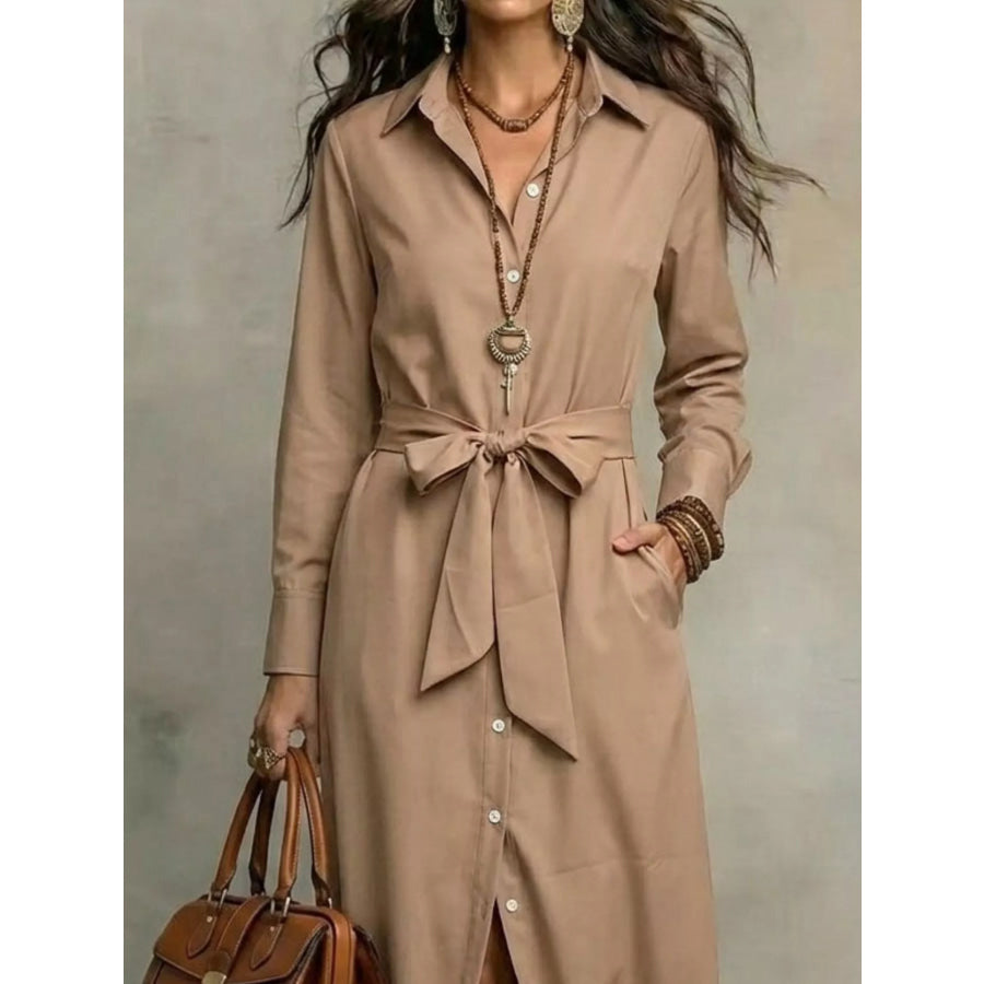 Full Size Tie Waist Long Sleeve Shirt Dress Plus Size Apparel and Accessories