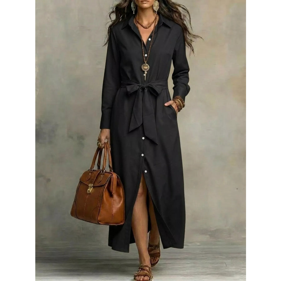 Full Size Tie Waist Long Sleeve Shirt Dress Plus Size Black / S Apparel and Accessories