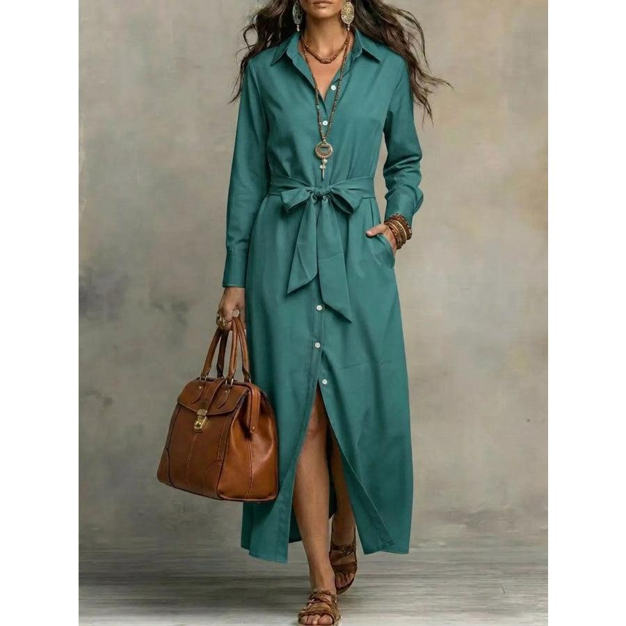 Full Size Tie Waist Long Sleeve Shirt Dress Plus Size Green / S Apparel and Accessories