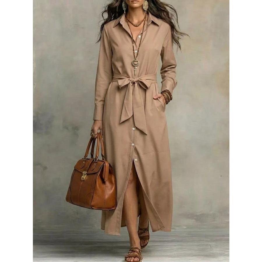 Full Size Tie Waist Long Sleeve Shirt Dress Plus Size Khaki / S Apparel and Accessories