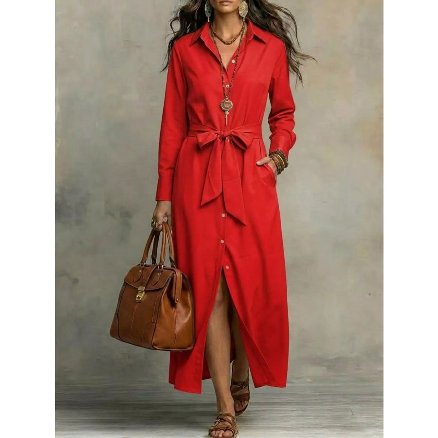 Full Size Tie Waist Long Sleeve Shirt Dress Plus Size Red / S Apparel and Accessories
